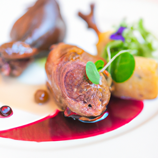 Pigeons cuisses confites, filet snacké, jus de pigeon au vin rouge et légumes glacés