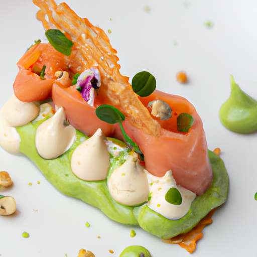 Millefeuille de Saumon Gravlax et Crème d'Avocat, Sauce aux Herbes et Noisettes au Wasabi