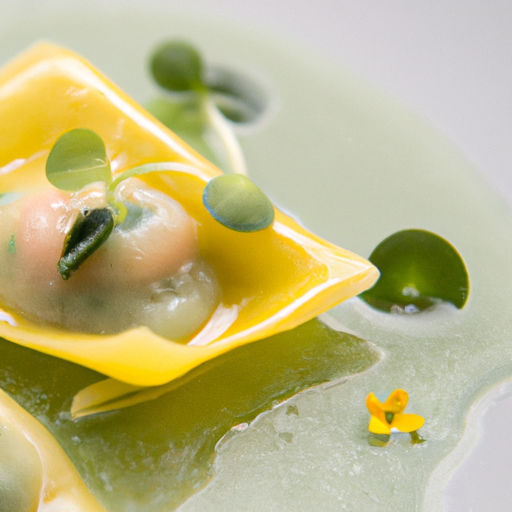 Ravioles de Gelée de Concombre et Tartare de Saumon Gravlax, Émulsion aux Herbes