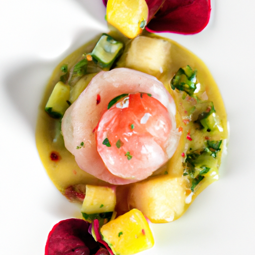 Mise en bouche de tartare de saint jacques avec sauce vierge au basilic et poivre tchuli