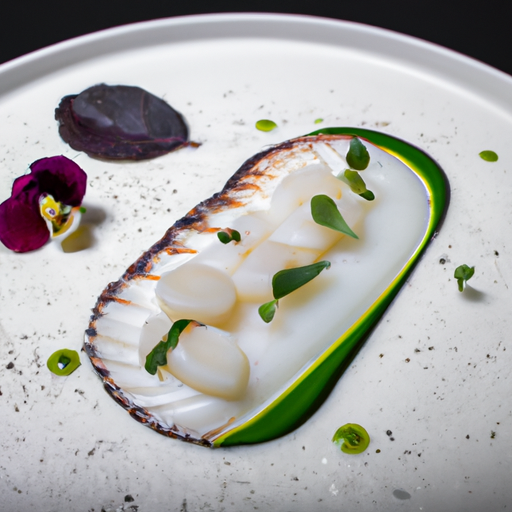 Carpaccio de Saint-Jacques, gelée au basilic et purée d’ail noir