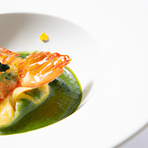 Raviole ouverte aux langoustines et gambas, sauce homardine, huile d’herbes