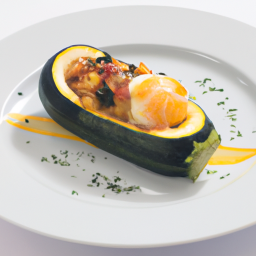 Courgette farcie à la merguez, œuf parfait et légumes gratinés