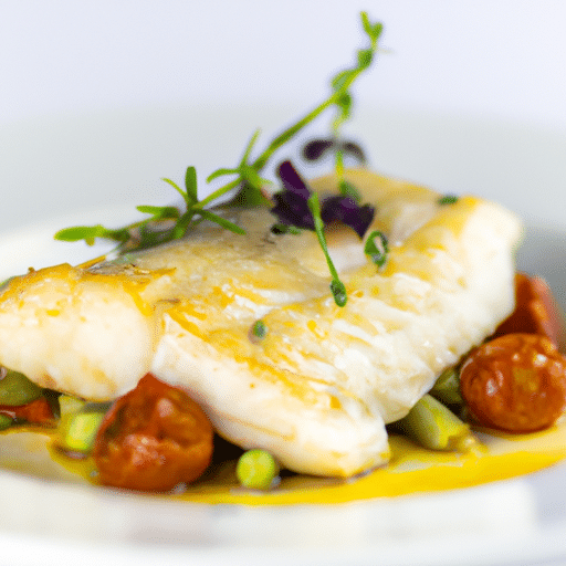 Filet de poisson blanc cuisson basse température sur jardin croquant aux quatre légumes