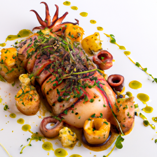 Poulpe rôti au beurre d’agrumes, légumes méditerranéens et sauce tranchée aux herbes