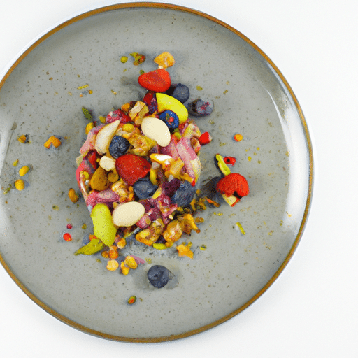Assiette croquante pistache & fruits rouges sur crumble de saison