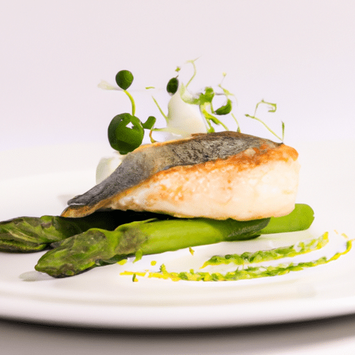 Dorade royale en ballotine basse température, beurre blanc verveine, petits pois et asperges printaniers