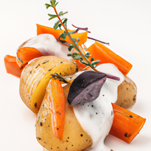 Pommes de terre grenailles marinées au thym frais, carottes nouvelles sautées
