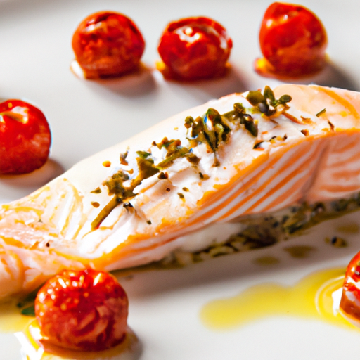 Saumon rôti au four sur lit de tomates cerises et quenelle de fromage frais aromatique