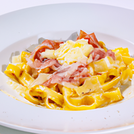 Tagliatelles crémeuses à l’œuf basse température, jambon et stracciatella