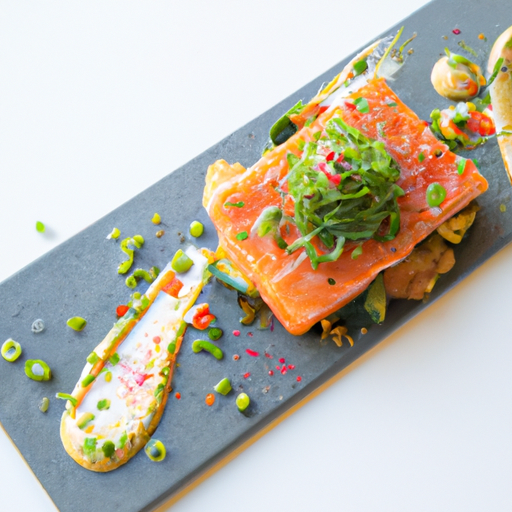 Tataki de saumon mariné curry et légumes croquants au wasabi