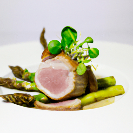 Araignée de porc basse température aux asperges vertes et grenailles primeur