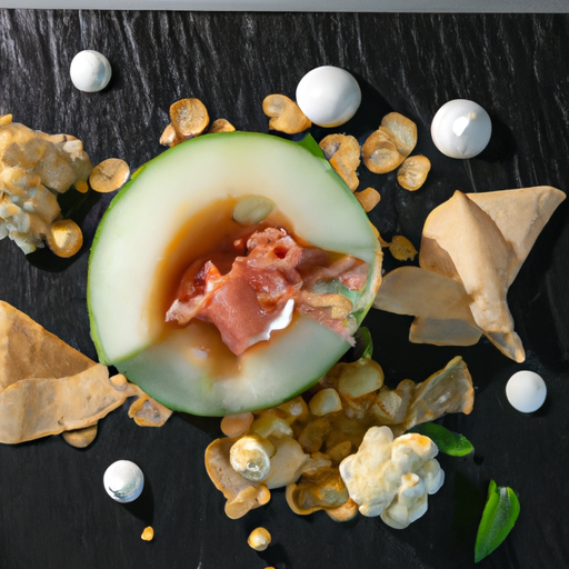 Textures estivales autour du melon, burrata mousseuse et chips croustillantes de jambon cru