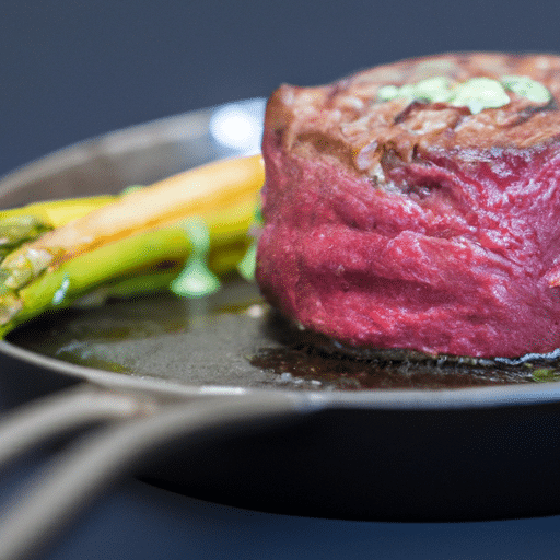 Tournedos de bœuf saignant à la poêle, pommes nouvelles sautées et asperges vertes