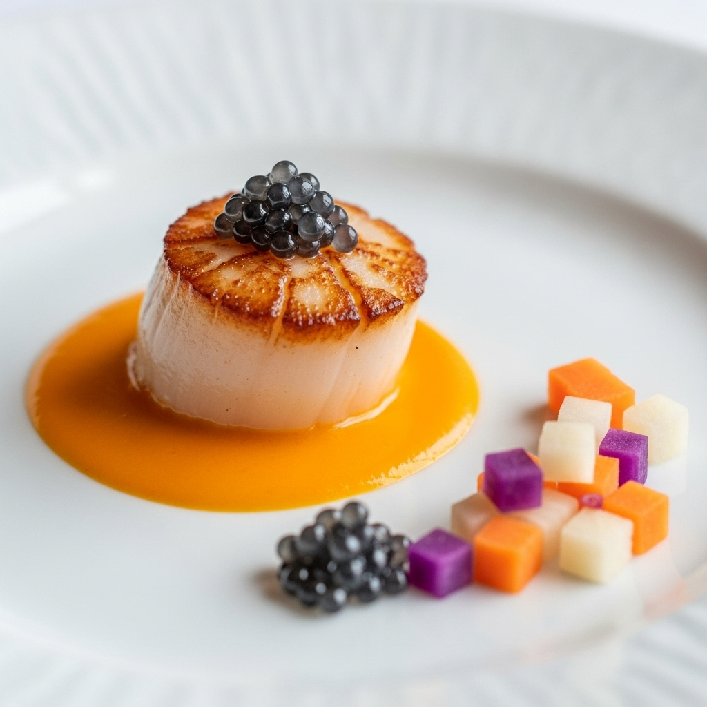 Amuse-bouche Halloween : Noix de Saint-Jacques snackées, velouté de potimarron, brunoise de légumes racines, perle de caviar