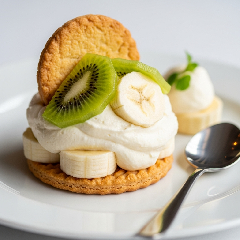 Moelleux basse température biscuité aux deux textures de kiwi et mousse aérienne banane