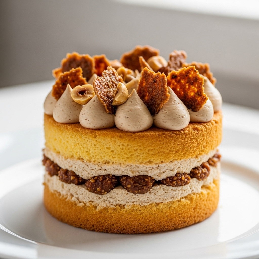 Génoise ultra-moelleuse, crème pralinée noisette, éclats croquants