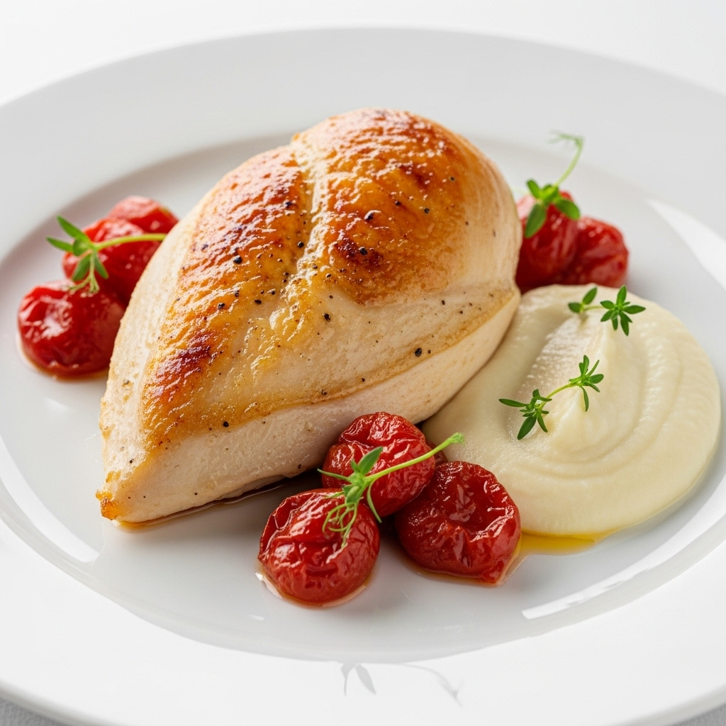 Blanc de poulet rôti, purée fine de céleri rave et tomates confites