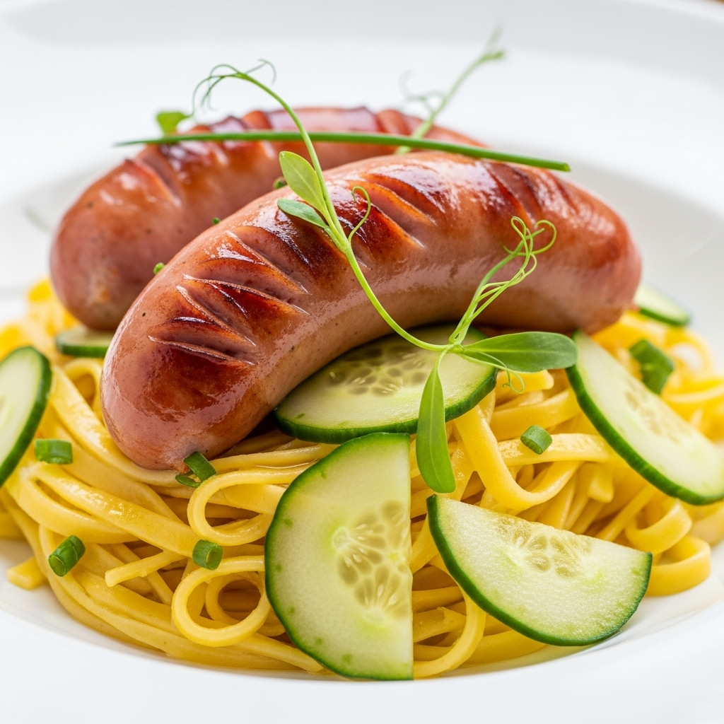 Saucisses de Francfort sur lit de pâtes fraîches et concombre croquant