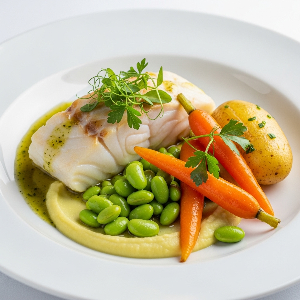 Dos de cabillaud confit, crémeux de légumes de saison, fèves edamame, jus corsé aux herbes, pommes cocotte et carottes glacées