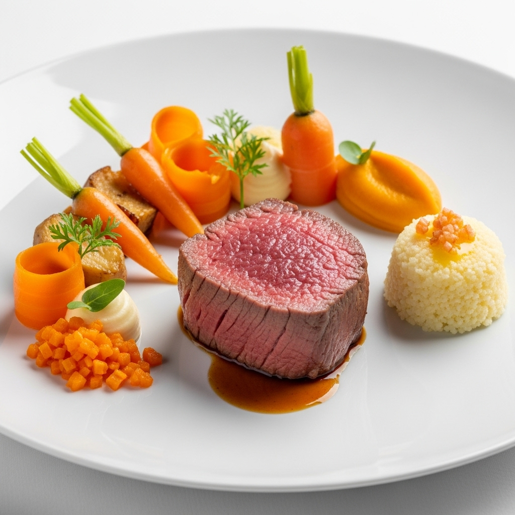 Filet de bœuf basse température, déclinaison de textures de carotte et mousseline de pommes de terre nouvelles