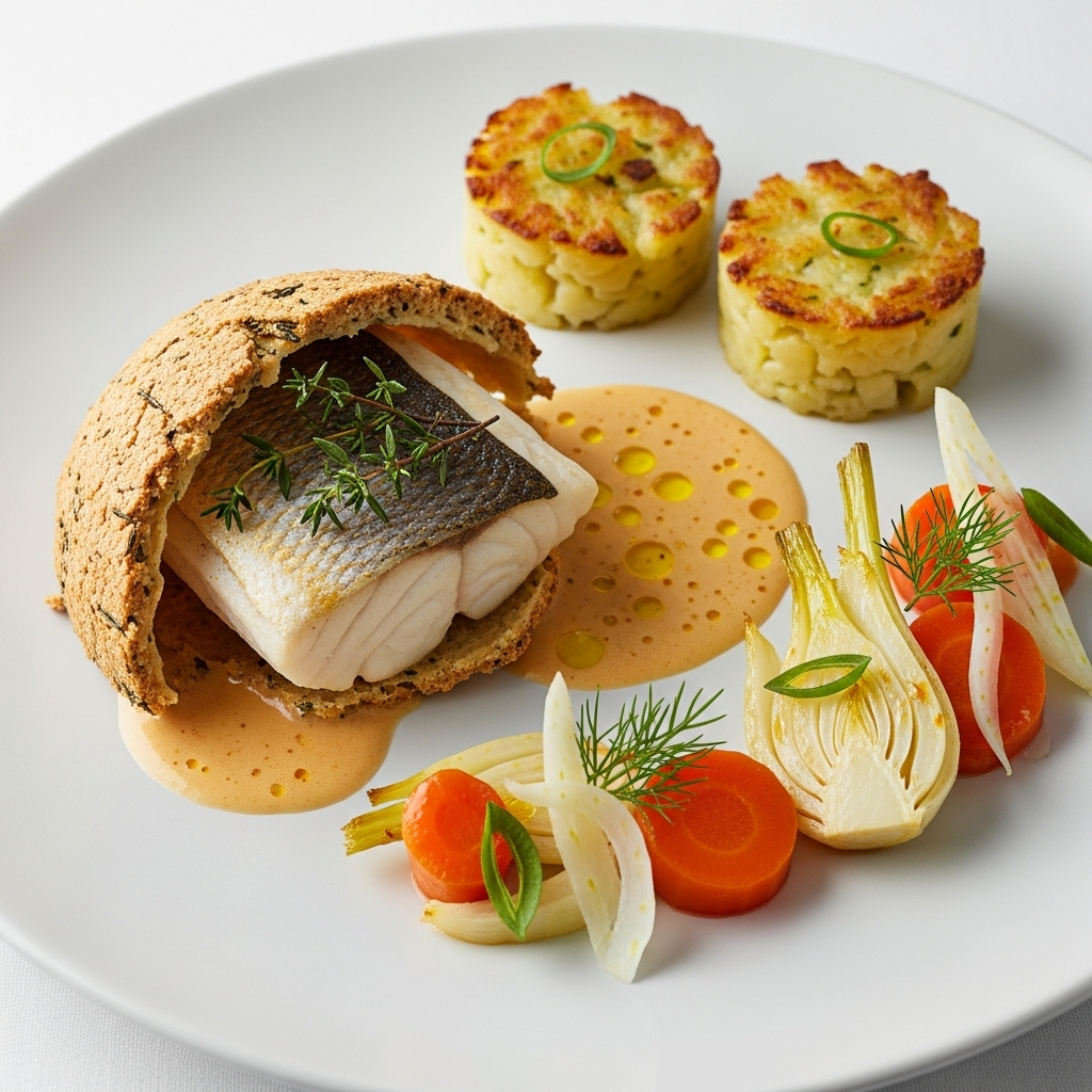 Filet de bar de ligne en croûte de sel aux herbes, jus de crustacés émulsionné, rattes écrasées, fenouil braisé au pastis et carottes confites
