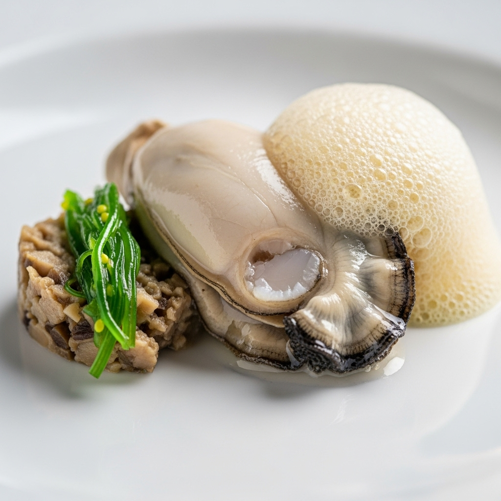 Huitre pochée, duxelle de champignons aux algues, sabayon champagne