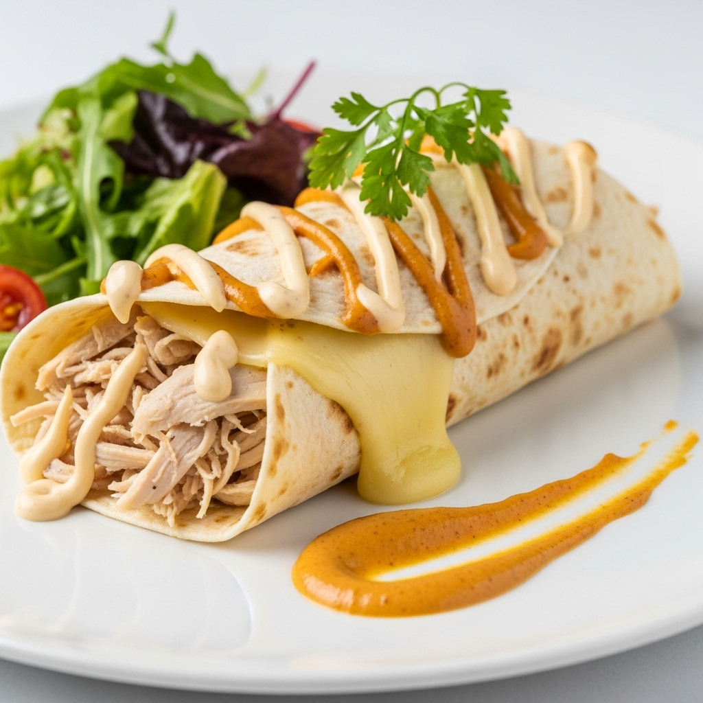 Tortilla gourmande poulet basse température & trio fromager sauce mayo-truffe