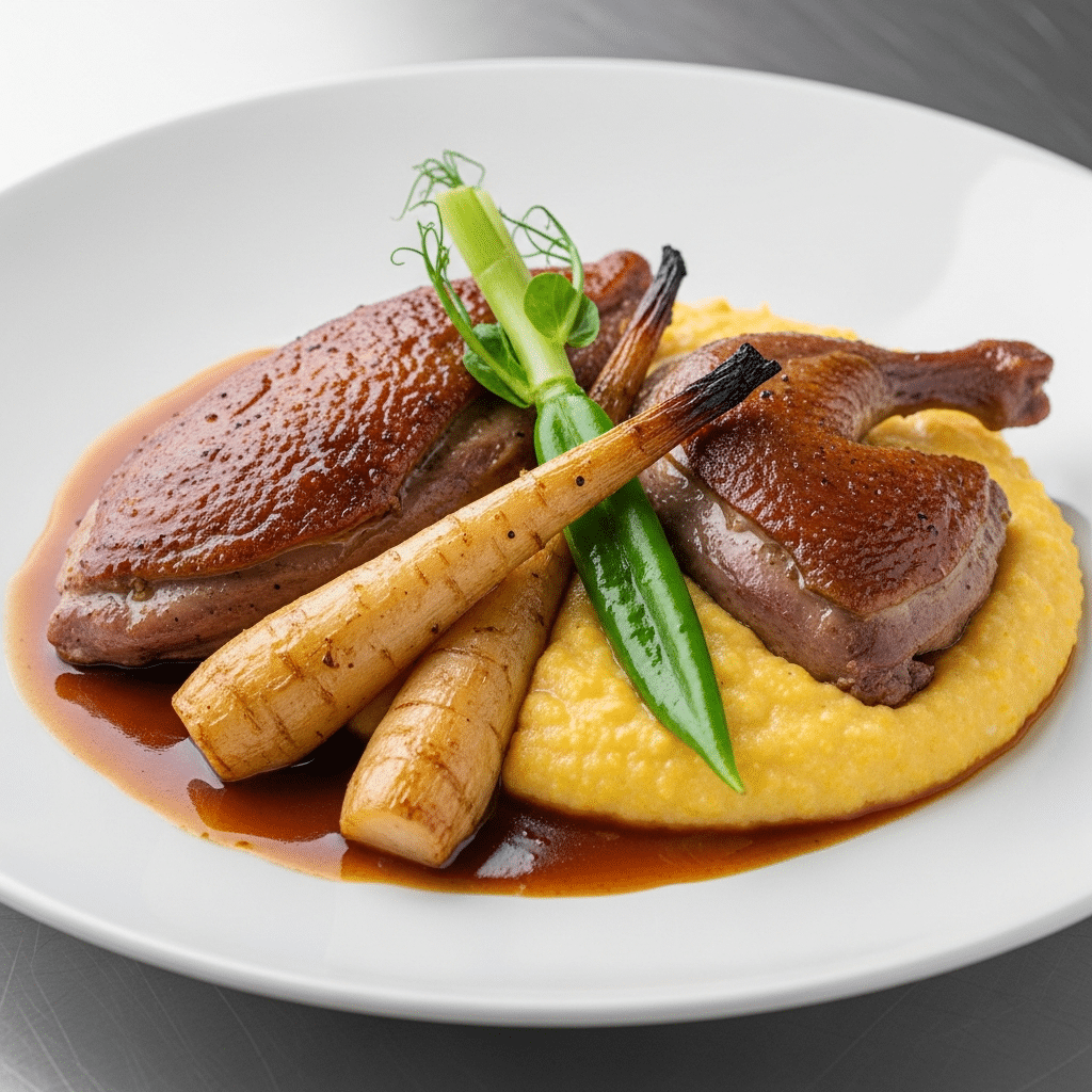 Pigeon en Deux Cuissons, Salsifis Glacés et Polenta Crémeuse