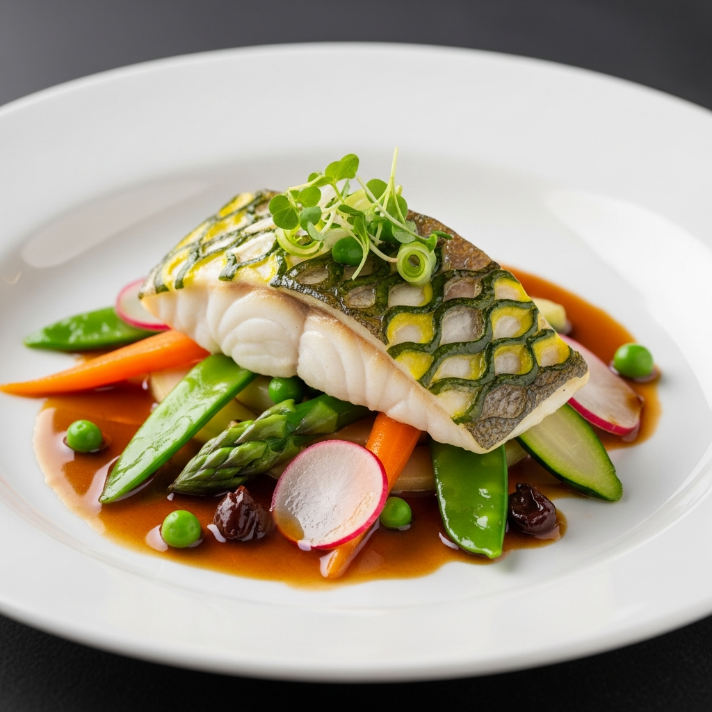 Bar en Écailles de Légumes Printaniers, Jus de Carcasse Corsé