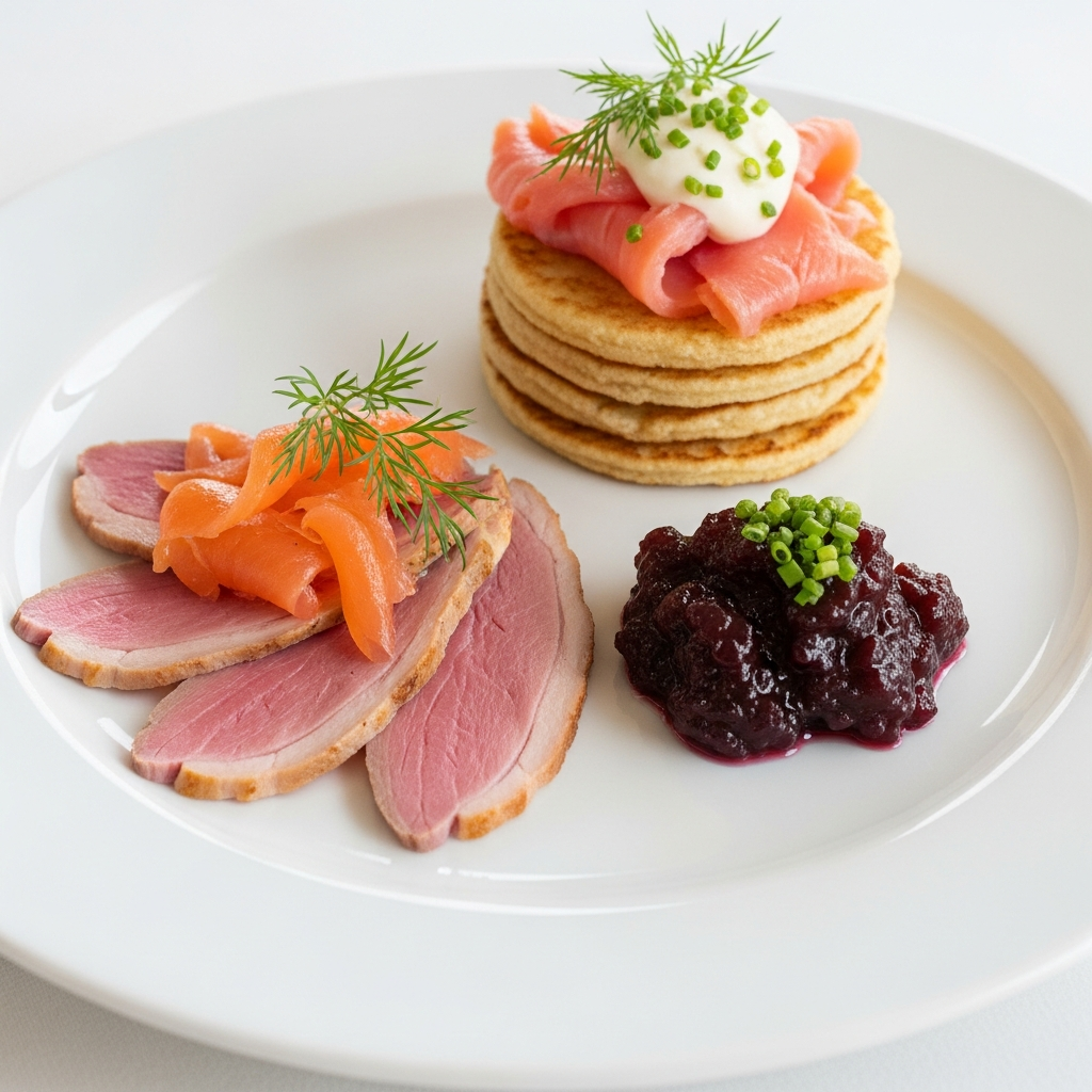 Gravlax de Magret de Canard, Chutney de Figues et Blinis de Sarrasin