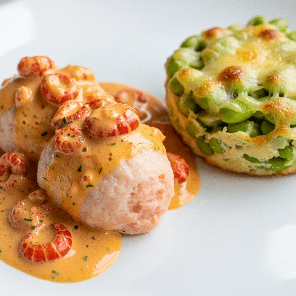 Quenelles de Saumon Nantua, Edamame Gratinées