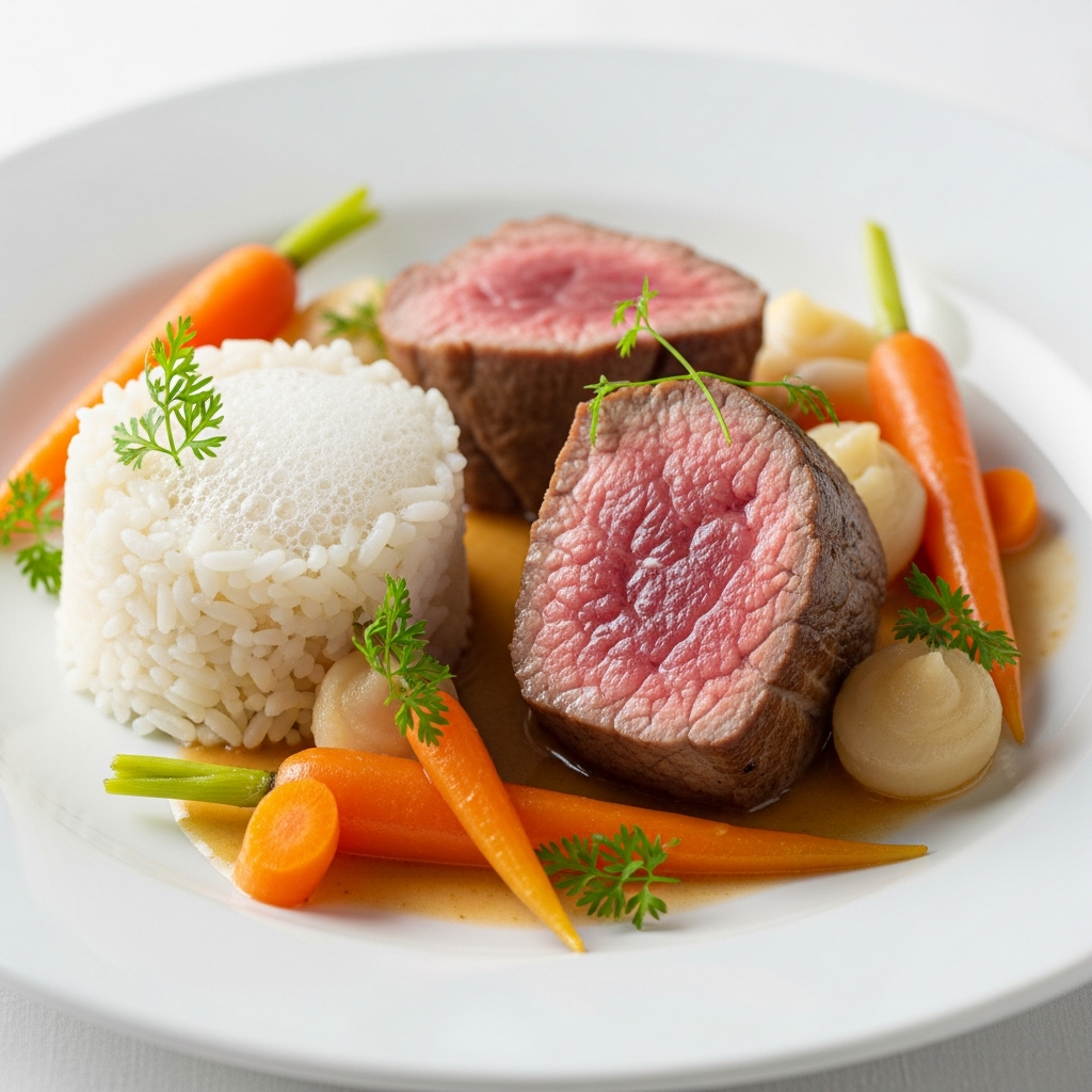 Tendresse de Veau, Riz Écumeux et Carottes Nouvelles