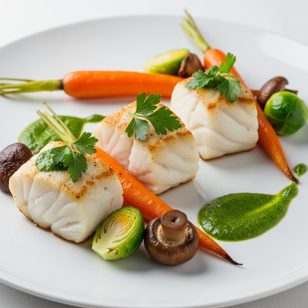 Cabillaud nacré, légumes d'automne et son jus de persil