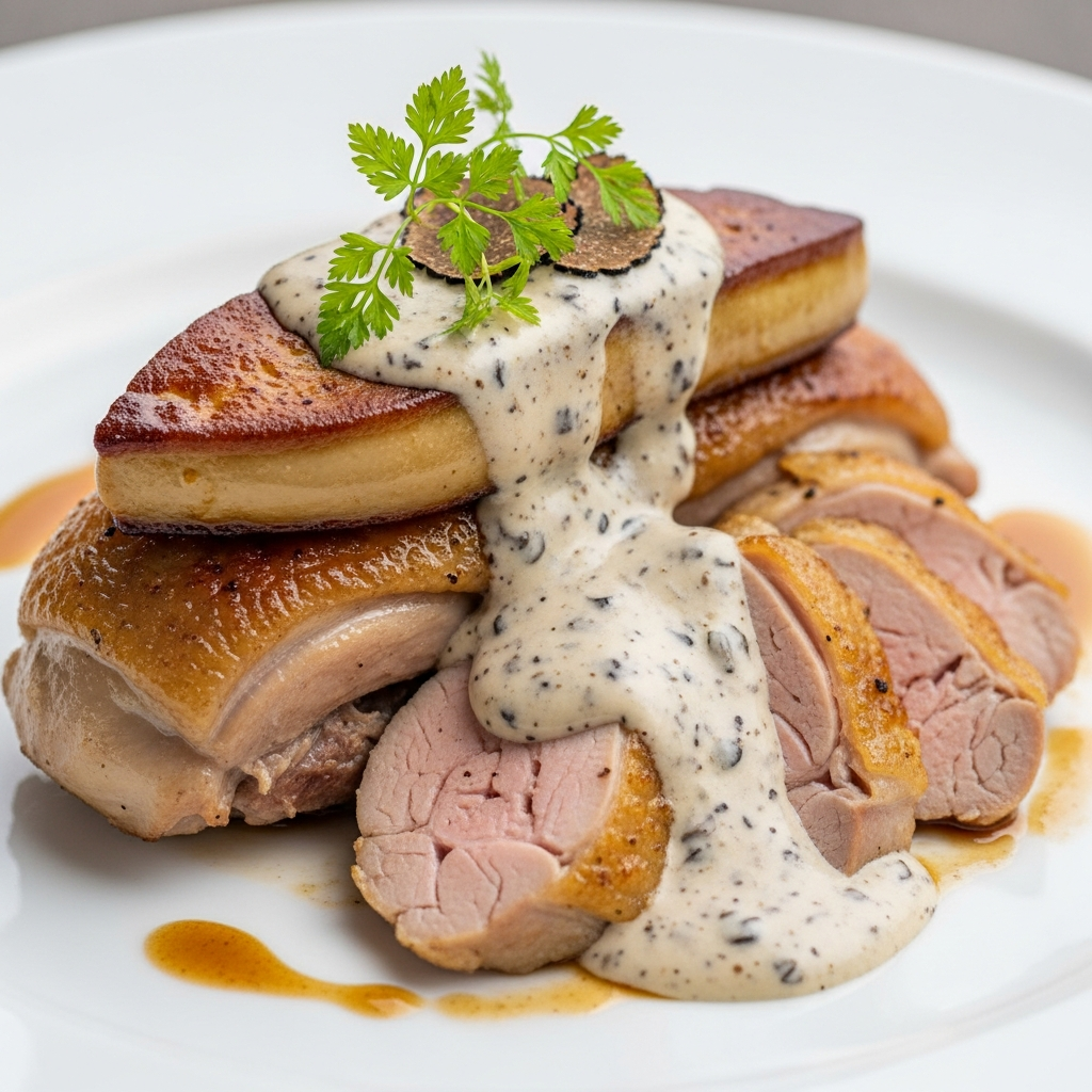 Pintade au Foie Gras, Sauce Normande Truffée