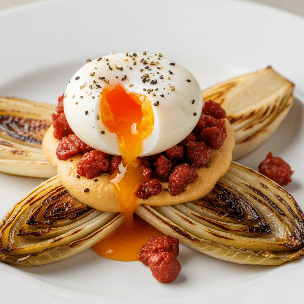 Endives Caramélisées, Miso et Chorizo, Œuf Parfait