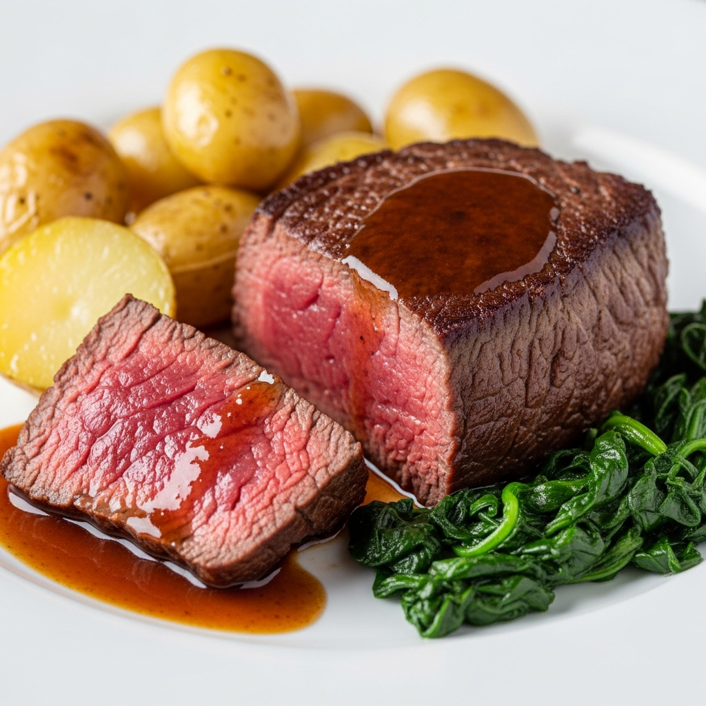 Filet de Bœuf Fondant, Pommes de Terre Nouvelles et Épinards Sautés