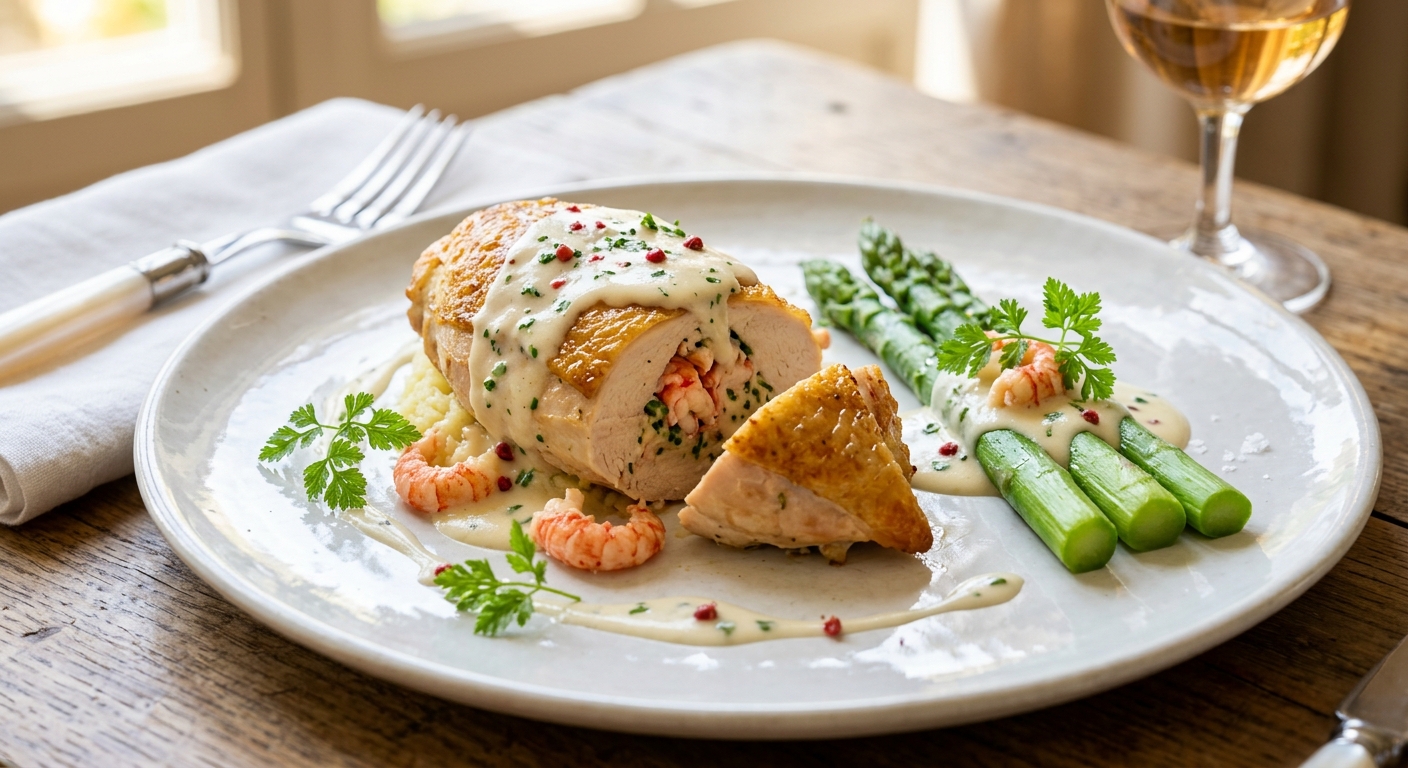 SUPREME DE VOLAILLE FARCIE AUX ECREVISSES, SAUCE SUPREME ET ASPERGES