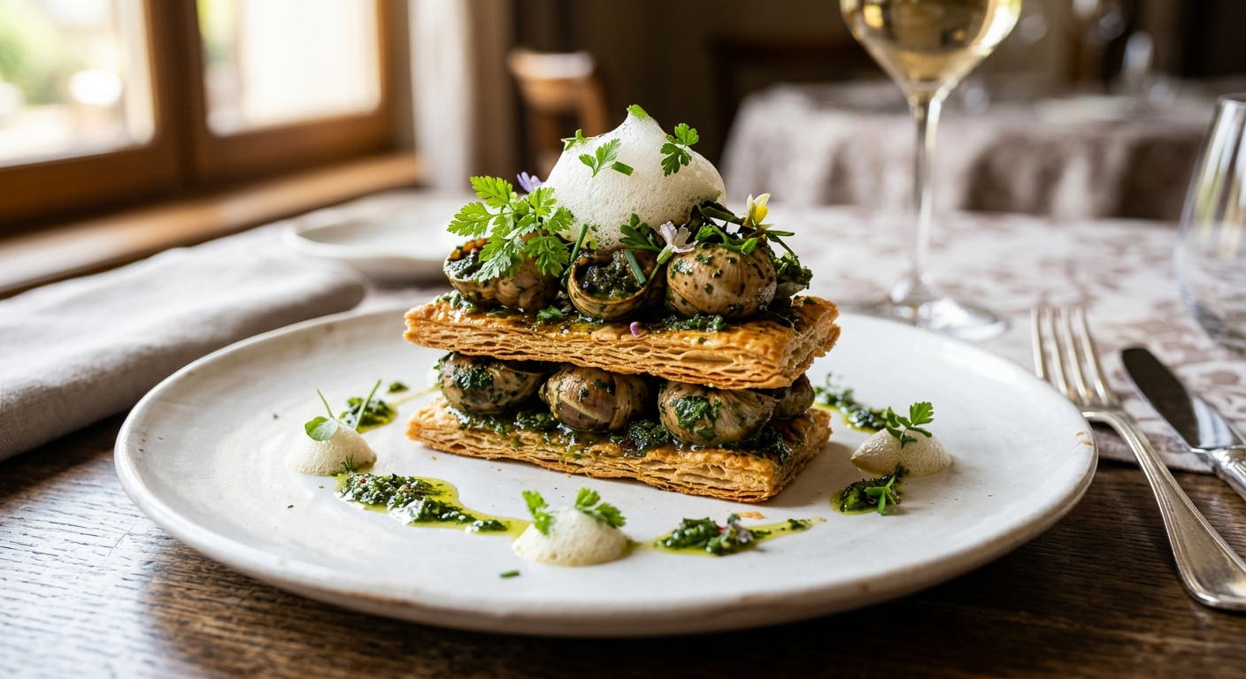 MILLE FEUILLE D'ESCARGOTS BEURRE PERSILLÉ ET ESPUMA D'AIL