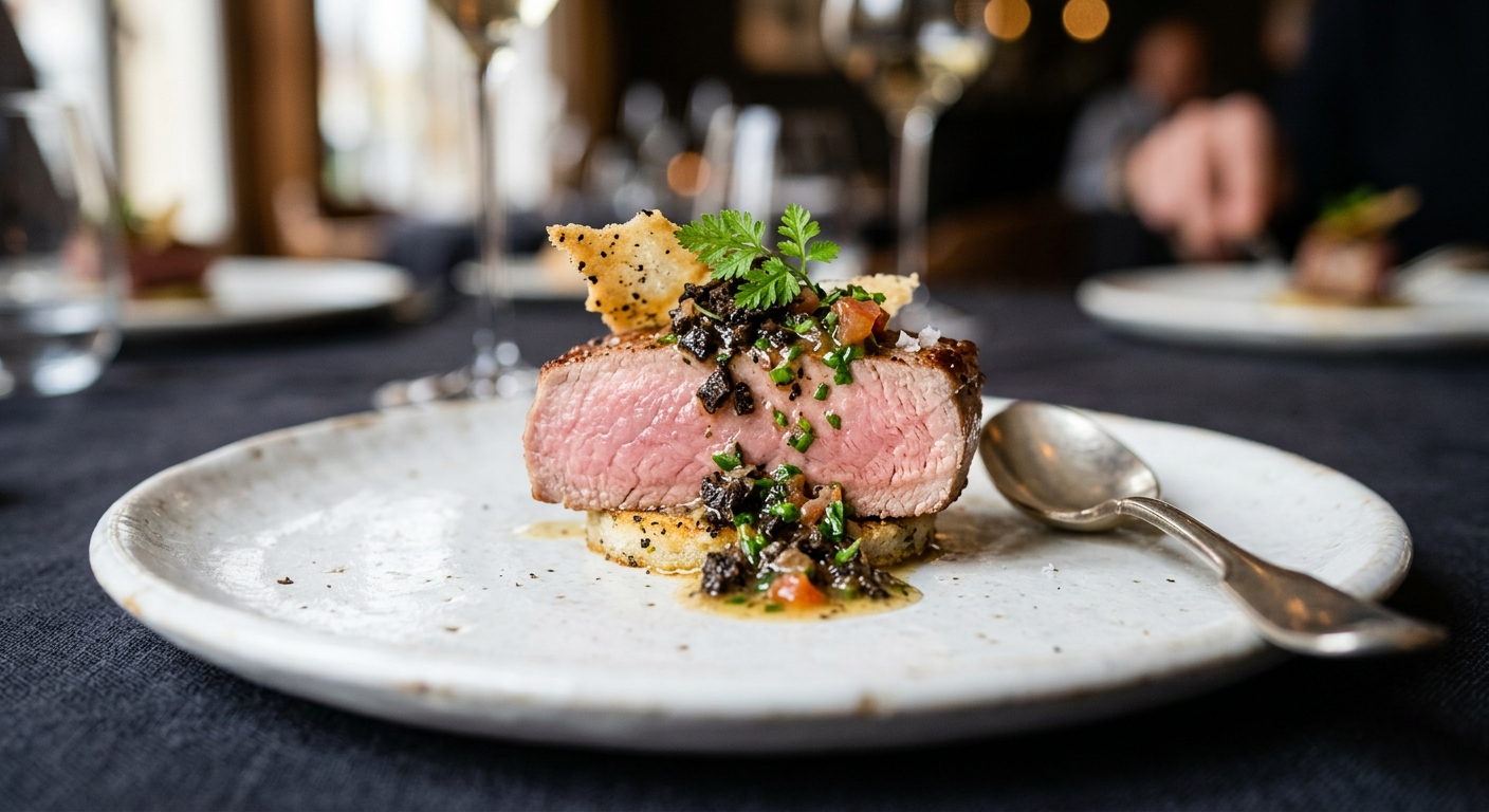 VEAU BASSE TEMPÉRATURE EN AMUSE-BOUCHE, SAUCE VIERGE À LA BRISURE DE TRUFFE