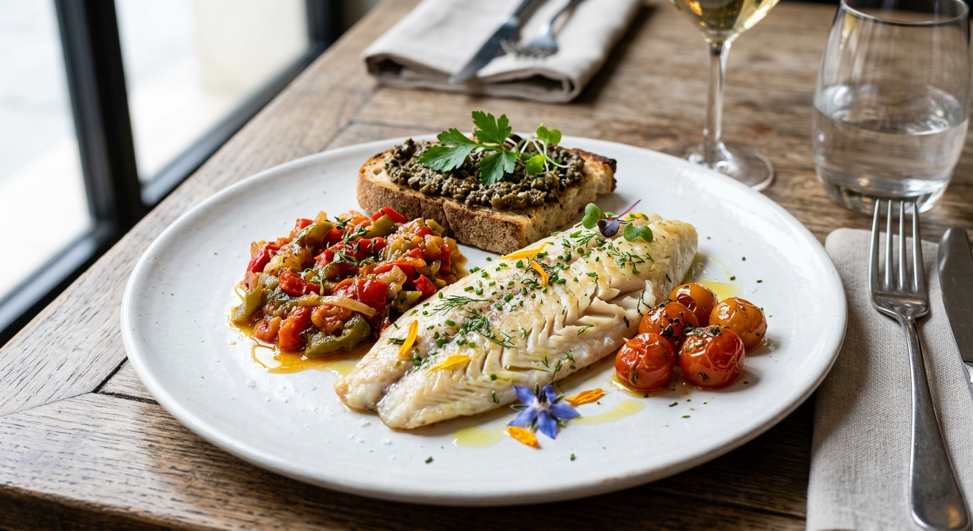 LIEU JAUNE BASSE TEMPÉRATURE, PIPERADE REFROIDIE, TOAST TAPENADE VERTE, MIRABELLE DE TOMATES CONFITES